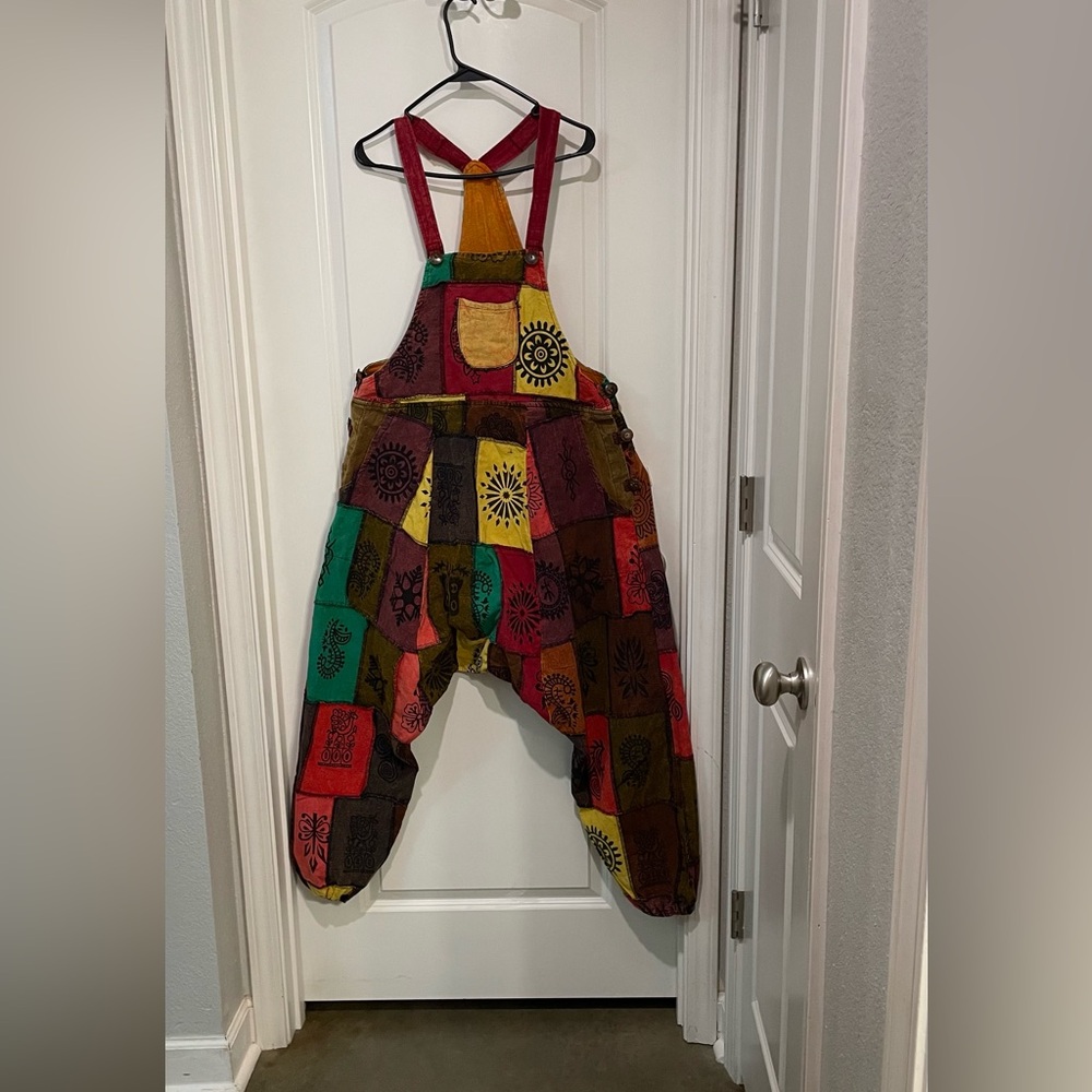 Patchwork harem overalls